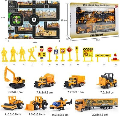 Joyfia Construction Vehicles Toy For Boys Push And Go Mini Cars Set & Play Mat