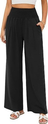 Famulily Women's Linen Wide Leg Pants Pockets Black XXL
