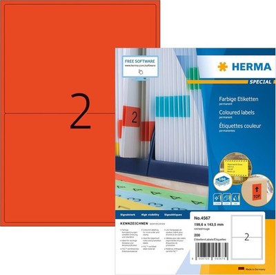 HERMA Red Self Adhesive Labels 199.6 x 143.5mm 2 Per A4 Sheet 200 Pack