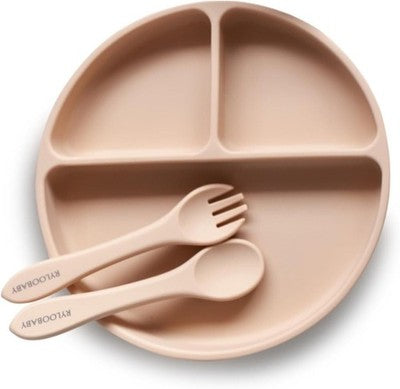 Ryloobaby Baby Suction Plate W/Spoon & Fork Bpa-Free Microwave Safe - Apricot