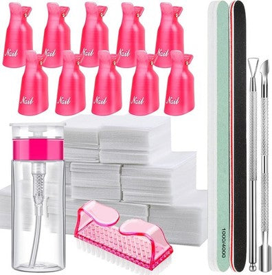 Fandamei Gel Polish Remover Kit Clips Pump Bottle 500 Lint Wipes Pink