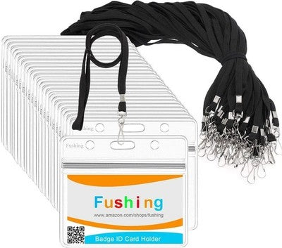 Fushing 30 Clear Horizontal ID Badge Holders + 30 Lanyards Swivel Hook