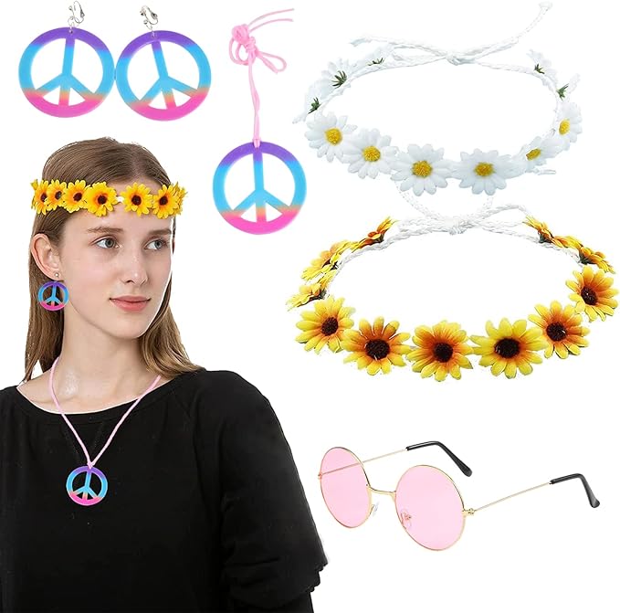 5 Pcs Hippie Costume Set Flower Crown, Sunglasses, Peace Sign Necklace Earrings