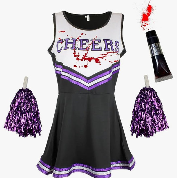 Cheerleader Costume Women Halloween Costumes for Women Cheerleader Halloween Costume Adult Zombie Cheerleader Halloween Costume for Women Dead Cheerleader with Blood Tube - XSmall - black purple - Rebx.co.uk