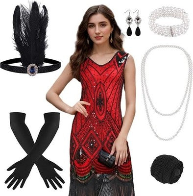 PLULON 1920s Sequin Fringed Flapper Dress with Accessories Red Costume