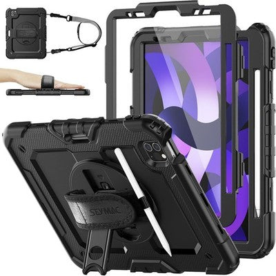 SEYMAC iPad Air 5 4 Case 10.9in 360 Rotating Stand Hand Strap Black Cover