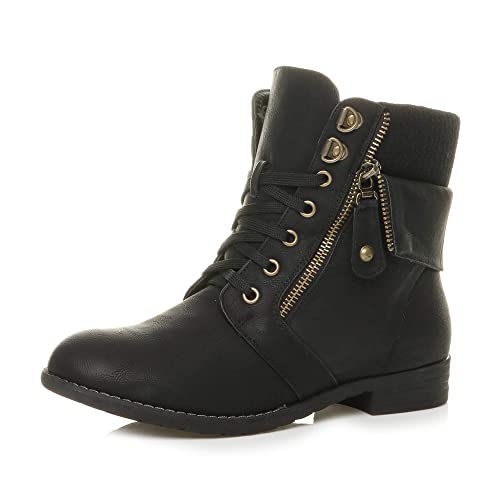 Ajvani Lace-Up Knitted Cuff Combat Ankle Boots, Low Heel, UK 6