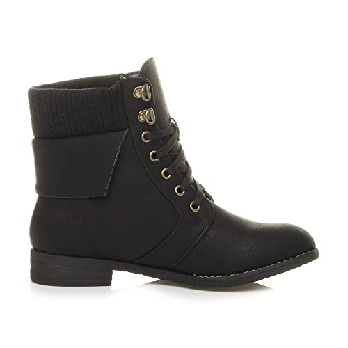 Ajvani Lace-Up Knitted Cuff Combat Ankle Boots, Low Heel, UK 6