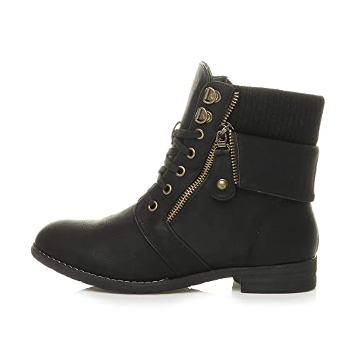 Ajvani Lace-Up Knitted Cuff Combat Ankle Boots, Low Heel, UK 6