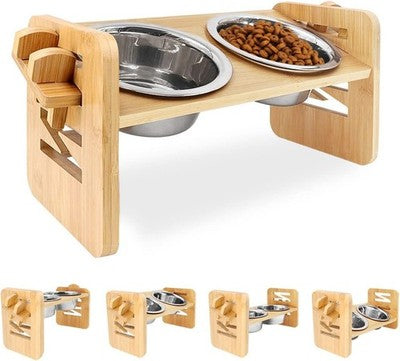 Qlfyuu Raised Dog Bowl Stand Adjustable Bamboo 2 Stainless Bowls Medium Size