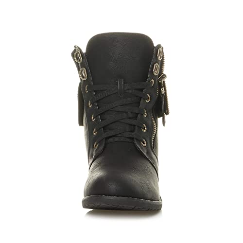 Ajvani Lace-Up Knitted Cuff Combat Ankle Boots, Low Heel, UK 6