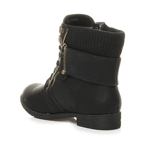 Ajvani Lace-Up Knitted Cuff Combat Ankle Boots, Low Heel, UK 6