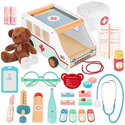 Doctor Role Play Set Wooden Ambulance Doctor Kit 37pcs Plush Bear Age 3+
