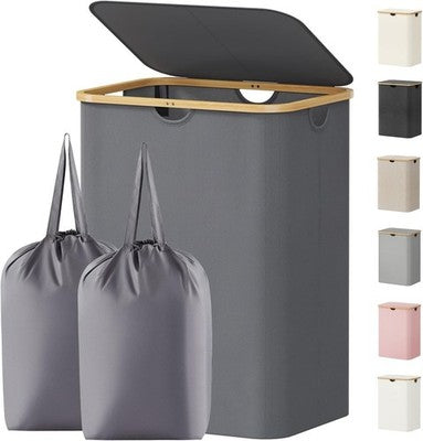 Lifewit 150L Laundry Basket Grey w/ Lid Bamboo Handles 2 Removable Bags