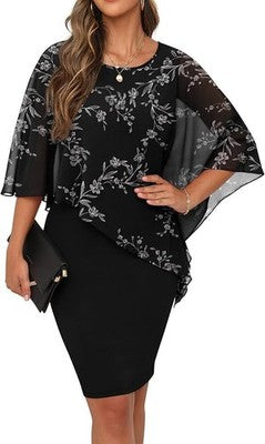QIXING Women's Summer Batwing Sleeve Chiffon Cape Dress White Leaf Large