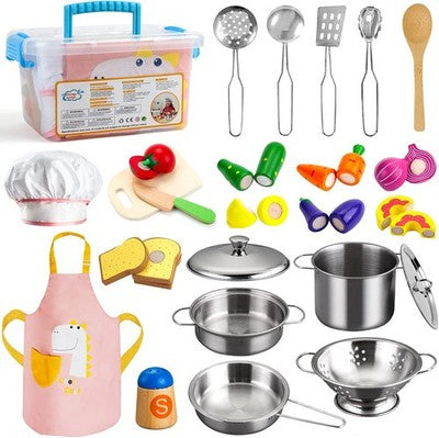 Sundaymot Wooden Kids Play Kitchen Set 24pcs Cookware Apron Hat Age 3+