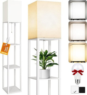 DEANIC Floor Lamp w/Shelves LED Wooden Standing Lamp Living Room White
