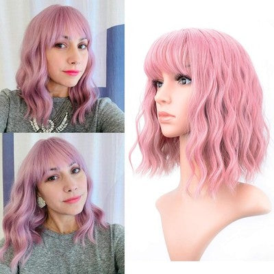 VCKOVCKO Purple Pink Wavy Bob Wig Air Bangs 12" Synthetic Cosplay