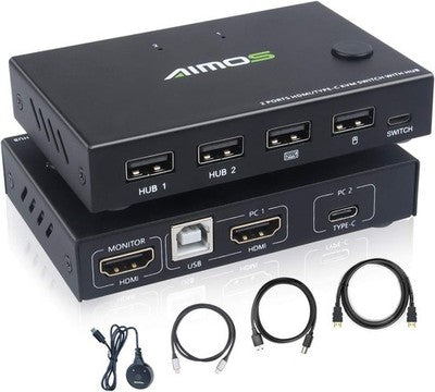 KCEVE 2 Port HDMI KVM Switch Type-C Keyboard Mouse Share Box 4K 30Hz 2 PCs