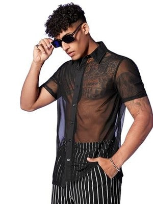GORGLITTER Men's Sheer Mesh Button Down Shirt Black XL