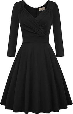 GRACE KARIN Women 50s Rockabilly V-Neck 3/4 Sleeve A-Line Dress - Black - S
