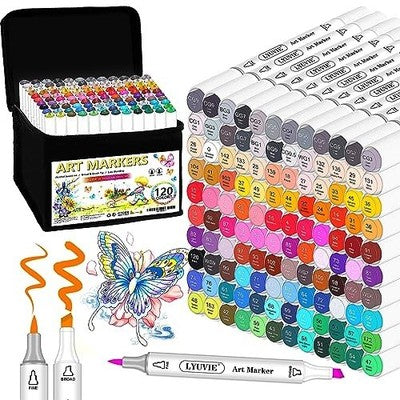 Lyuvie 120 Colours Alcohol Markers Dual Tip Chisel & Brush Permanent Set