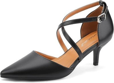 Greatonu Womens Court Shoes Pointed Toe Kitten Heel Ankle Strap Black UK 7