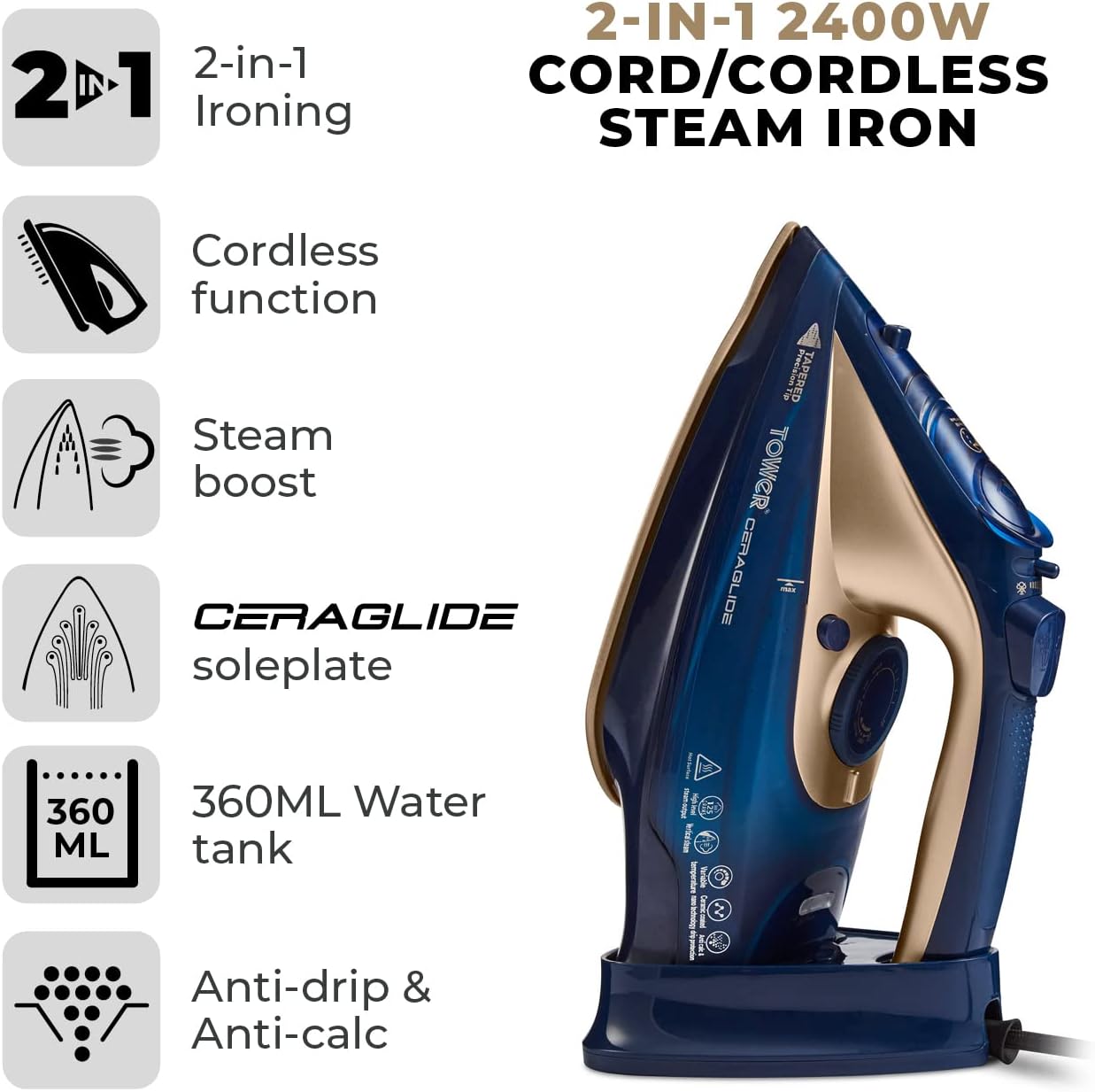 Tower T22008BLG CeraGlide Cordless Steam Iron, Blue and Rose Gold 