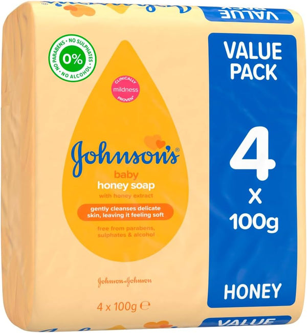 2 x Johnson's 4 Pack 100g Baby Honey Soap Bars with Honey Extract (8 Total) - Rebx.co.uk