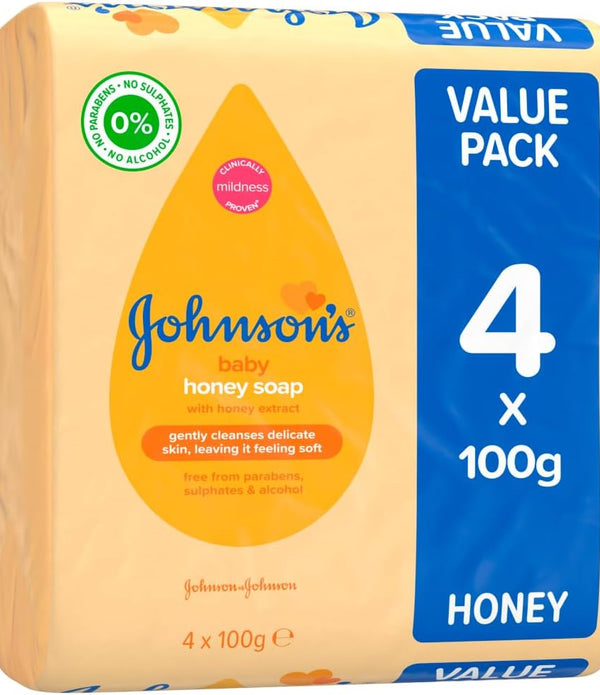 2 x Johnson's 4 Pack 100g Baby Honey Soap Bars with Honey Extract (8 Total) - Rebx.co.uk