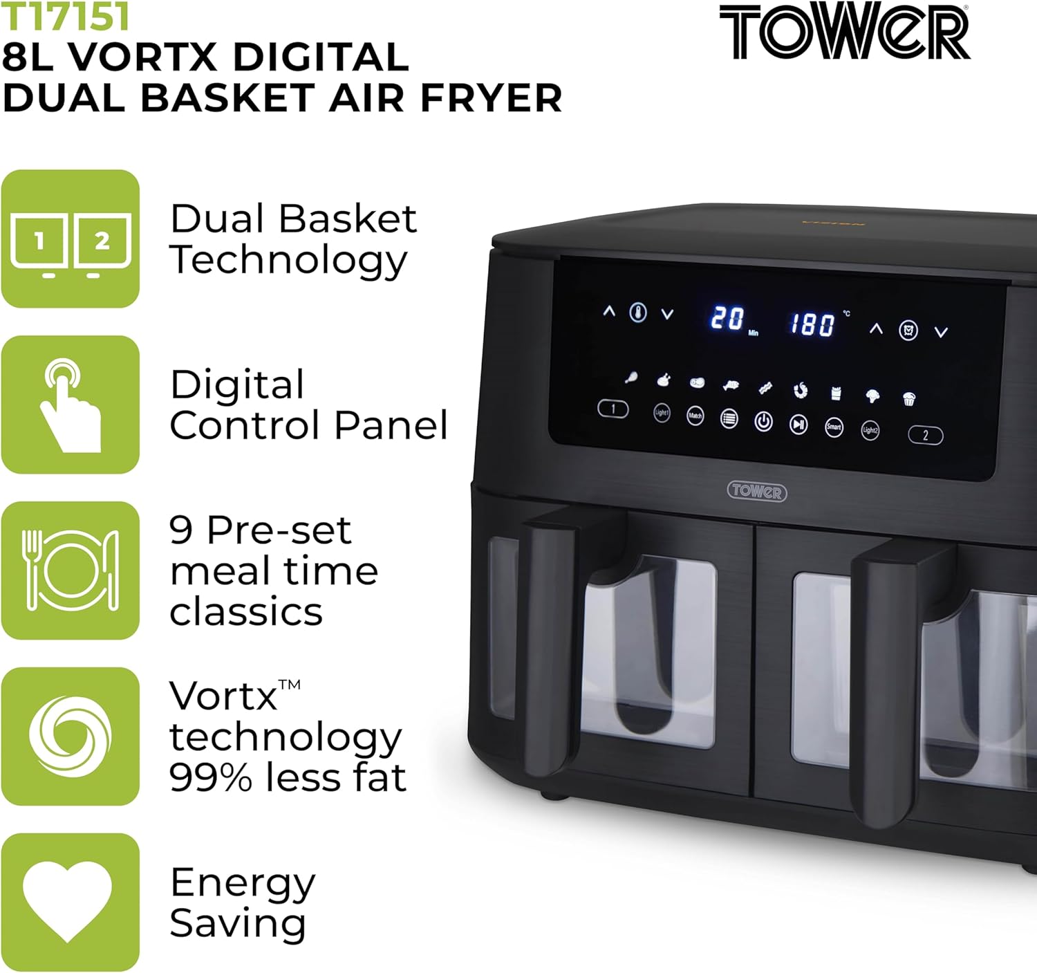 Tower T17151 8 Litre Digital Dual Basket Air Fryer