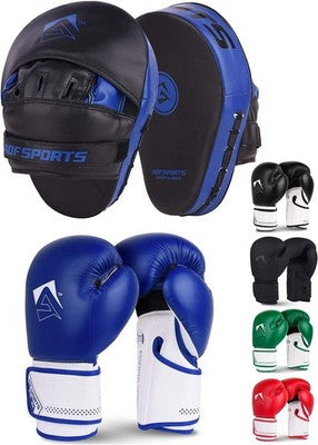 AQF Boxing Gloves & Curved Pads Set Training MMA Muay Thai 10oz Blue
