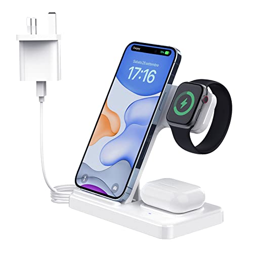 Wireless Charger, Pugo Top 3 In 1 15W Fast Charging Station, 13, 12, White