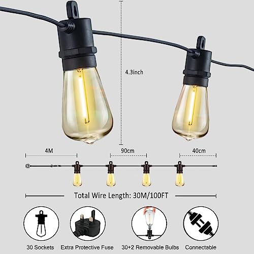 Festoon Lights Outdoor 30m 100ft IP65 32 LED 2700K Bulbs 4m Extension Cable - view 2