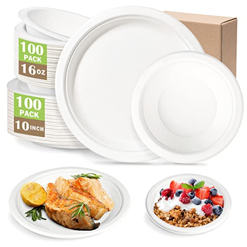 200pc Paper Plates & Bowls Set Disposable Sugarcane Compostable White