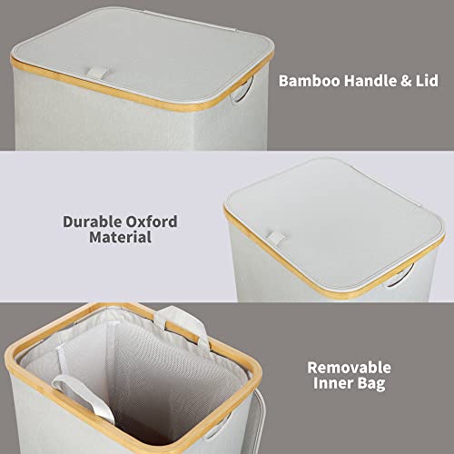 efluky Laundry Basket 100L with Lid Bamboo Handles Foldable Light Grey - view 5
