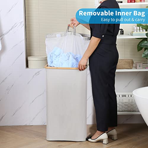 efluky Laundry Basket 100L with Lid Bamboo Handles Foldable Light Grey - view 4