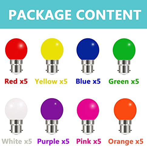 Maycolor Coloured Light Bulbs Bayonet B22 3W Pack of 40 8 Colours