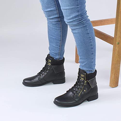 Ajvani Lace-Up Knitted Cuff Combat Ankle Boots, Low Heel, UK 6