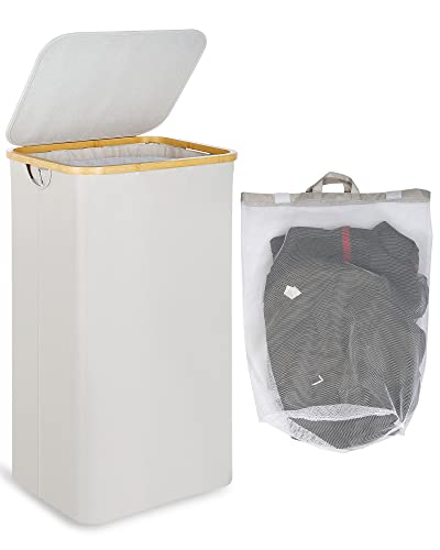efluky Laundry Basket 100L with Lid Bamboo Handles Foldable Light Grey - view 1