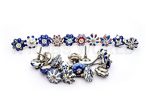 25 Blue and White Ceramic Drawer Knobs Door Cupboard Pulls Indian Mix - view 3
