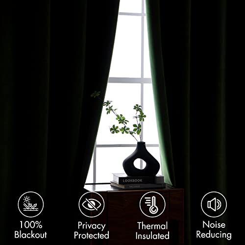 Miulee Velvet Blackout Curtains, Thermal Insulated, Dark Green, 2 Panels
