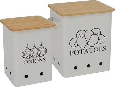 Cream White Vegetable Storage Tins Set Potato Onion Garlic Bin Wooden Lid