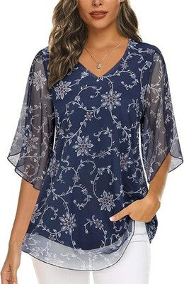 Syphiby Women's Chiffon Tunic Top Ruffle Sleeve V-Neck Floral Violet Size L
