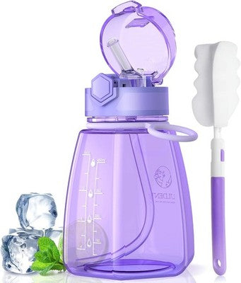 Water Bottle With Straw, 550Ml - Anti-Leak, Dustproof, Flip-Top Lid, Purple