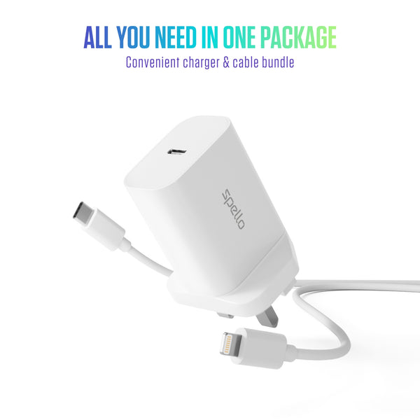 Spello 20W Plug Adapter With Apple Compatible Charging Cable - White - 1.2m - Rebx.co.uk