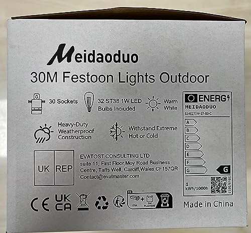 Festoon Lights Outdoor 30m 100ft IP65 32 LED 2700K Bulbs 4m Extension Cable - view 10