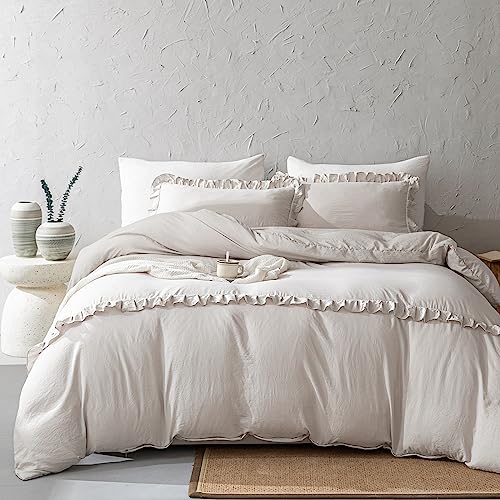Herside Beige Ruffle Duvet Cover Set, King Size, Cream Bedding