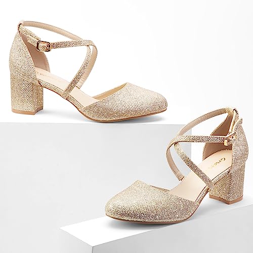 Greatonu Womens Court Shoes Chunky High Heel Ankle Strap Gold Glitter Size 4 - view 6