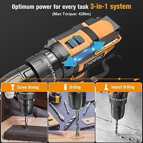 JYGMPRO 21V Cordless Drill Driver Set, 2 Batteries, 30 Bits